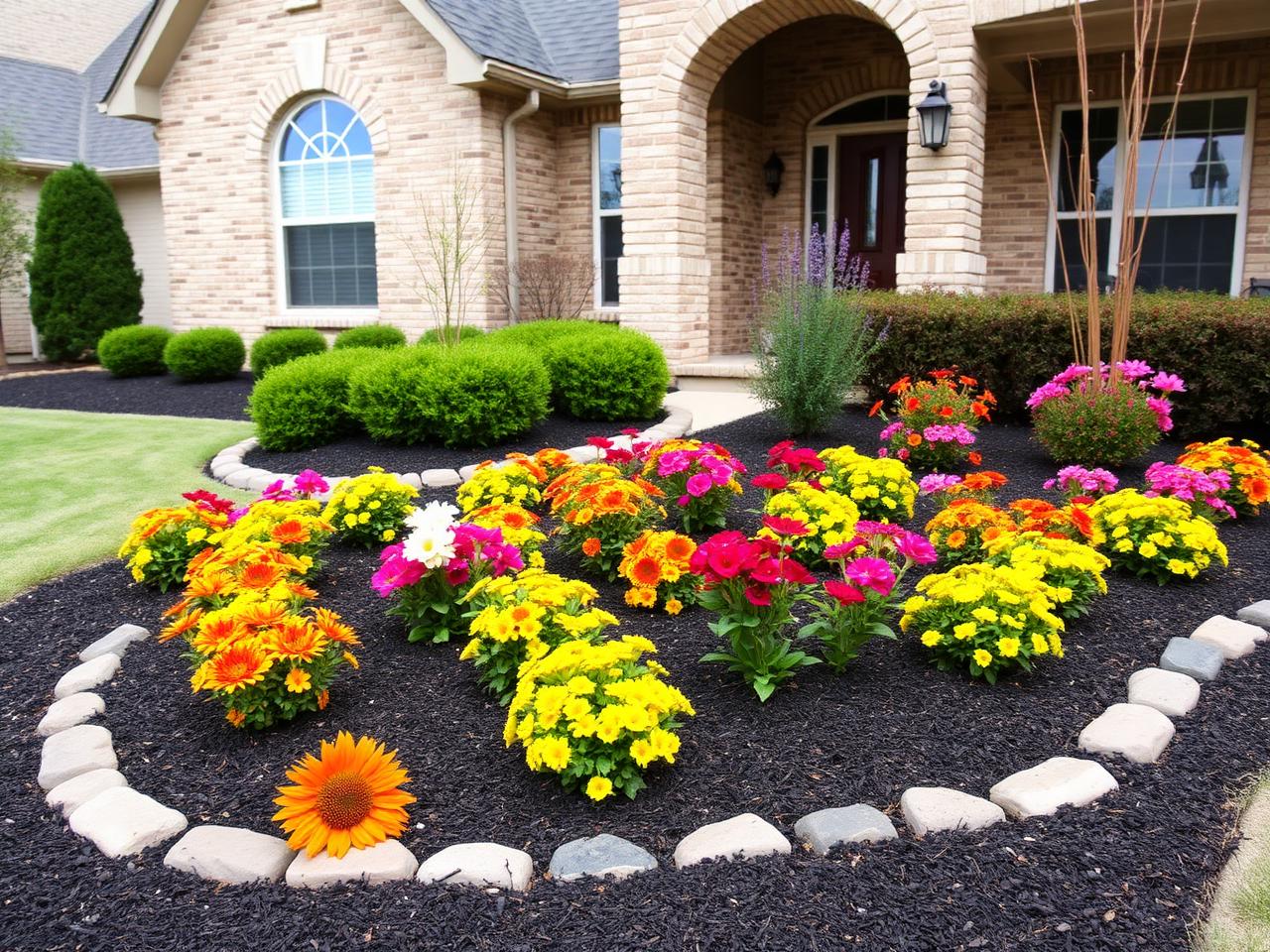 Detailed landscape work with fresh mulch and flowers
